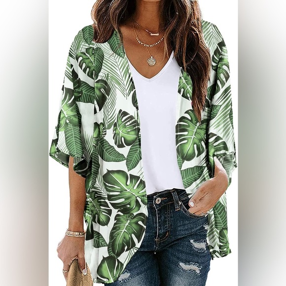 Tops - Women's Palm Beach Puff Sleeve Kimono Cardigan Loose Cover Up Swim